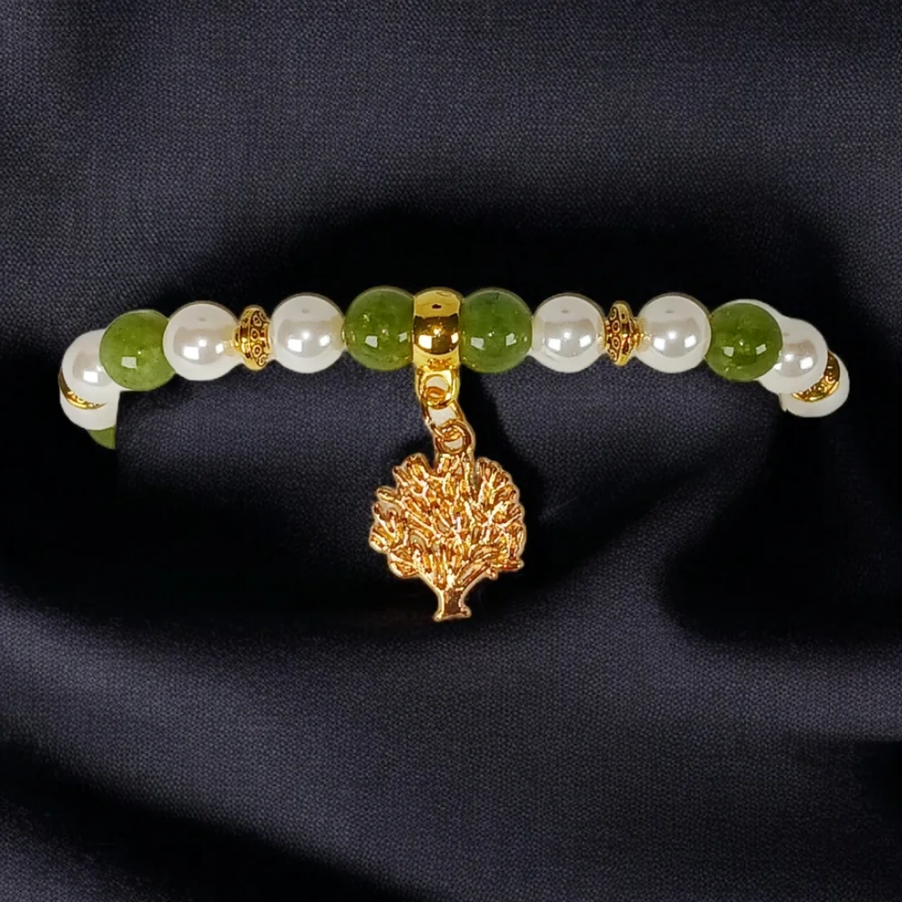 HP🎉Peridot Mother of Pearl Bracelet with Tree Charm Fairycore Birthstone Y2k